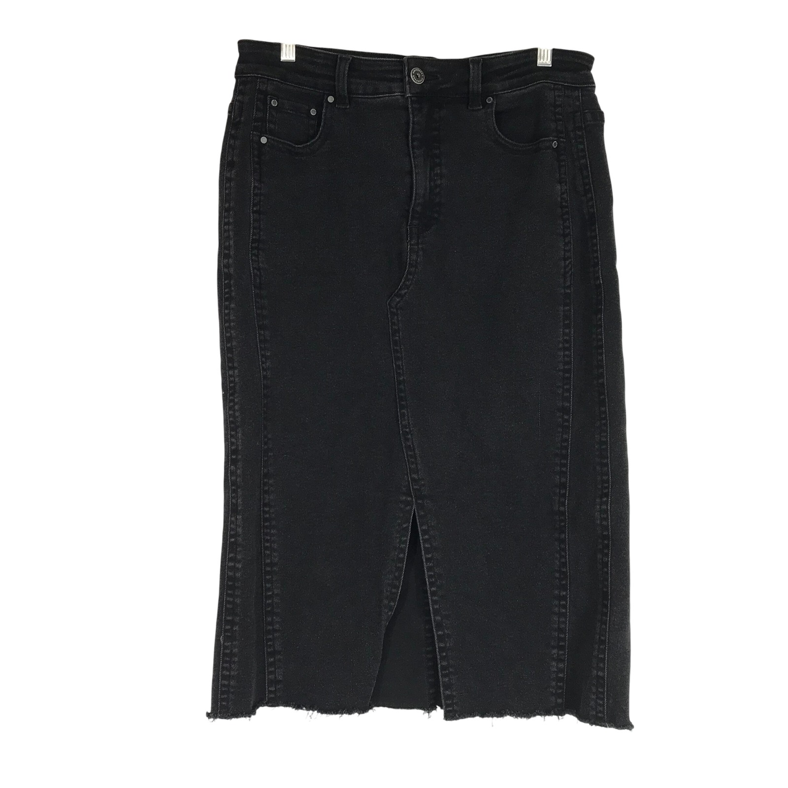 Universal Standard Black Denim Midi Skirt Front Slit Raw Hem Size Xs